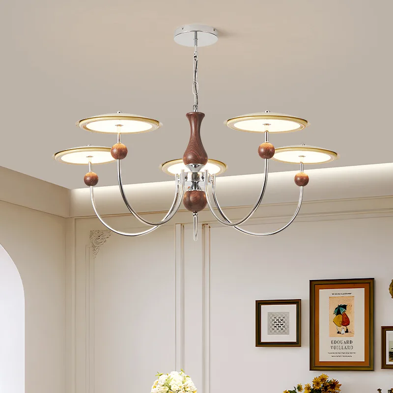 French medieval living room retro  dining room main light, cream wood grain color full spectrum lamp