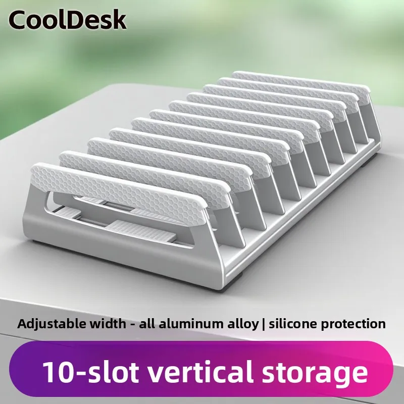Custom Vertical Laptop Stand Aluminum 10-Slot Multi-Device Holder, for Laptop Tablet Kids Study Tablet,Desktop Space-Saving Dock