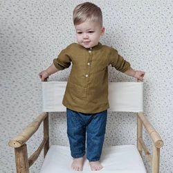 Spring New Boys Buttons Linen Shirt Retro Children's Crew Neck Casual Cotton And Linen Long-Sleeved Shirts TZ411