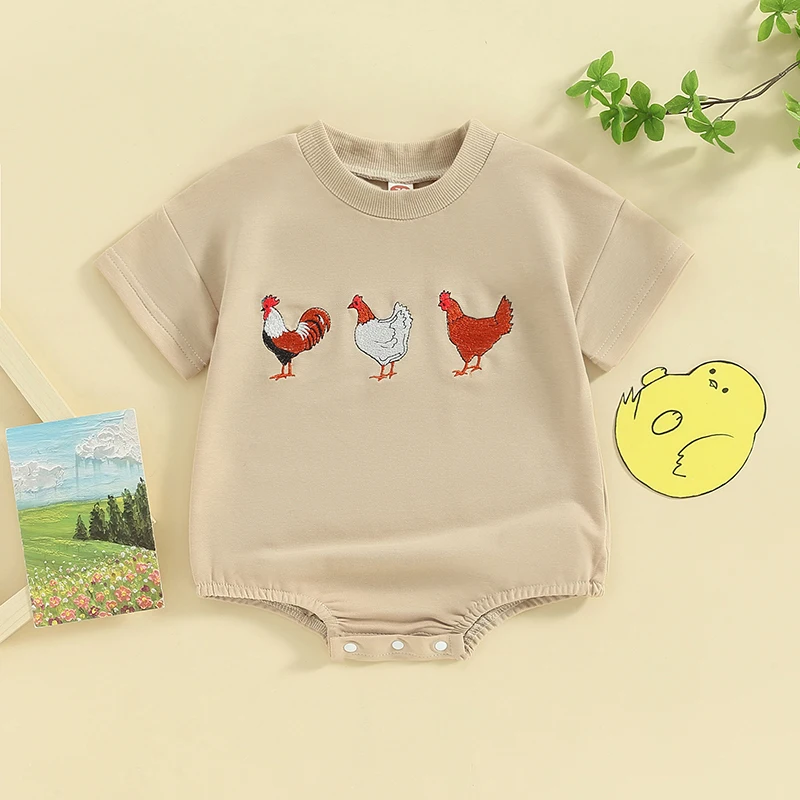 Infant Boy Summer Short Sleeve Bubble Romper Farm Animal Chick Cow Print Bodysuit Newborn Outfit