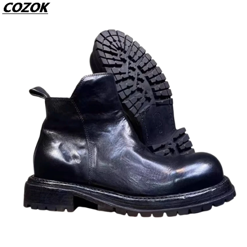 Wash water to make old leather boots top quality horse leather luxury designer shoes sole 5cm large cowhide pressed