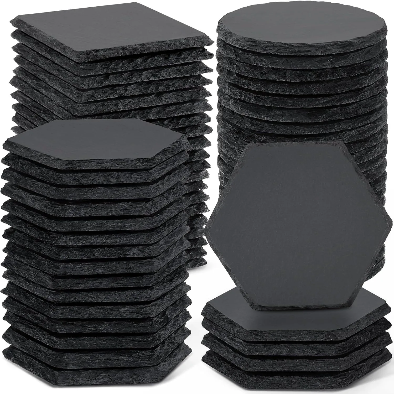 

8pcs Slate Coasters Bulk - 4 Inch Square, Round, and Hexagon Handmade Black Stone Blanks for Laser Engraving and Home Decor