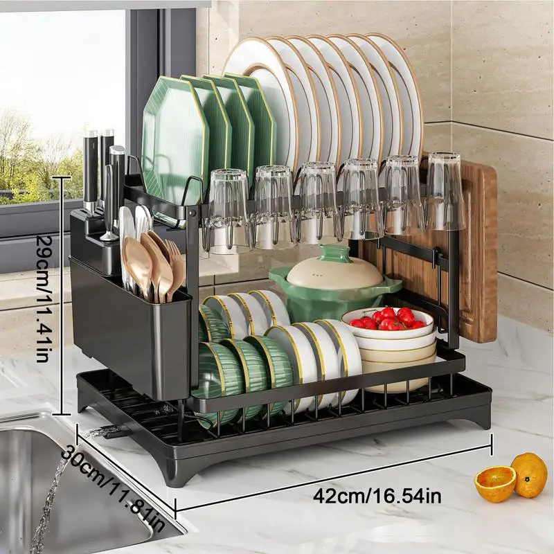 

2 Tier Dish Drying Rack Kitchen Counter Dish Organizer Rack With Drainboard And Utensil Holders Carbon Steel Dish Drainer Set