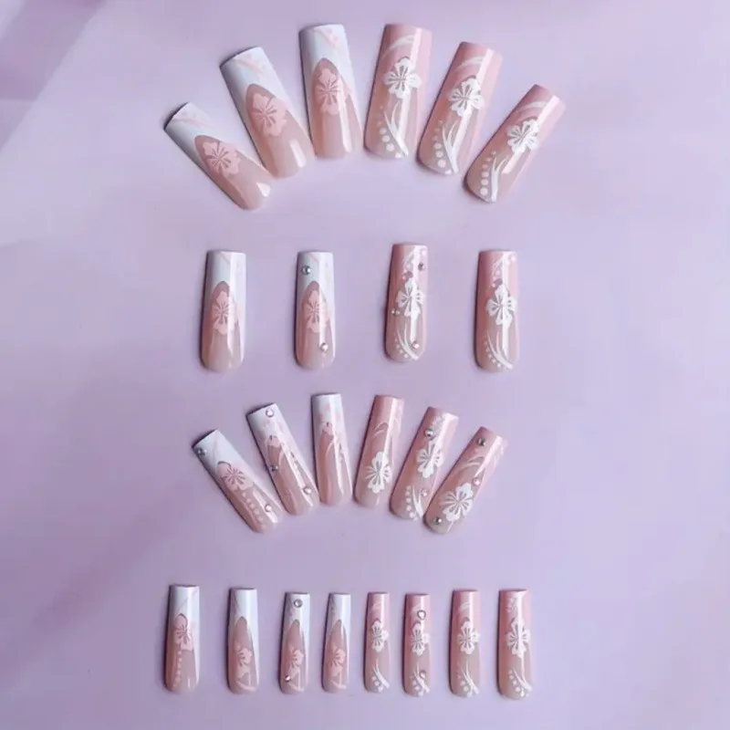 24Pcs Pink & White Long Coffin Nail Tips Set Glossy Full Cover Fake Nail with Floral for Women&Girls Daily&Valentine's Day Wear