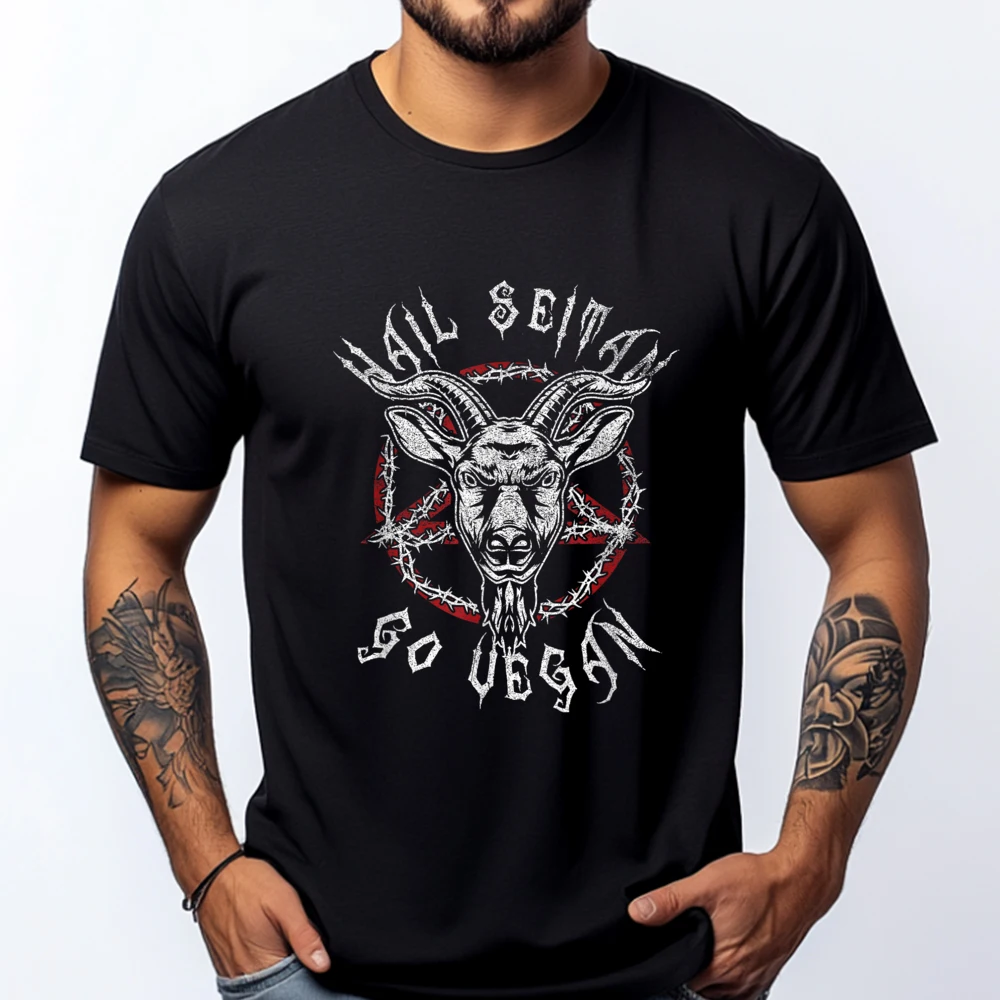 

Hail Seitan Go Vegan Funny Veganism Metal Mens Clothing ECO-FRIENDLY Men's Cotton T-Shirt Print Fashirt Short Sleeve