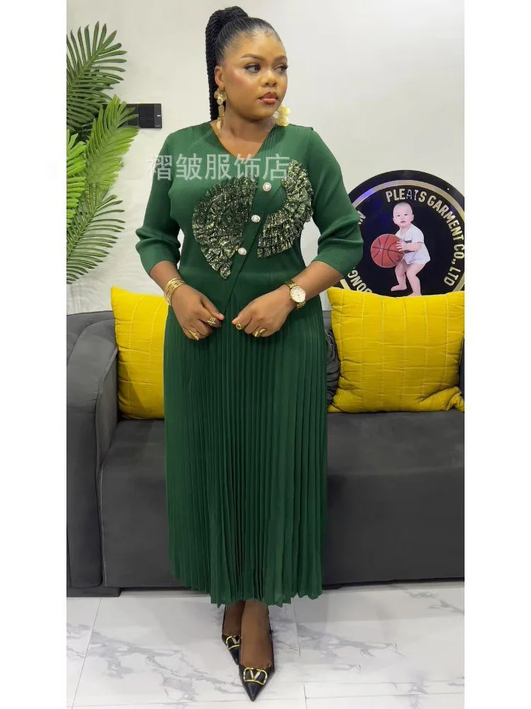 Anlan 2025 verão novo vestido plissado a linha elegante com decote em v sólido estilo de moda cintura cinching emagrecimento feminino saia dobrável 2an8791