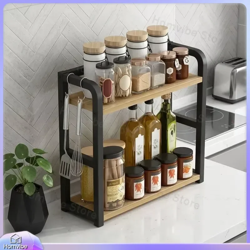 1pc 2 Tier Metal Countertop Shelf Space Saving Kitchen Organizer Rack for Coffee Mugs Spices Condiments Rustproof Storage