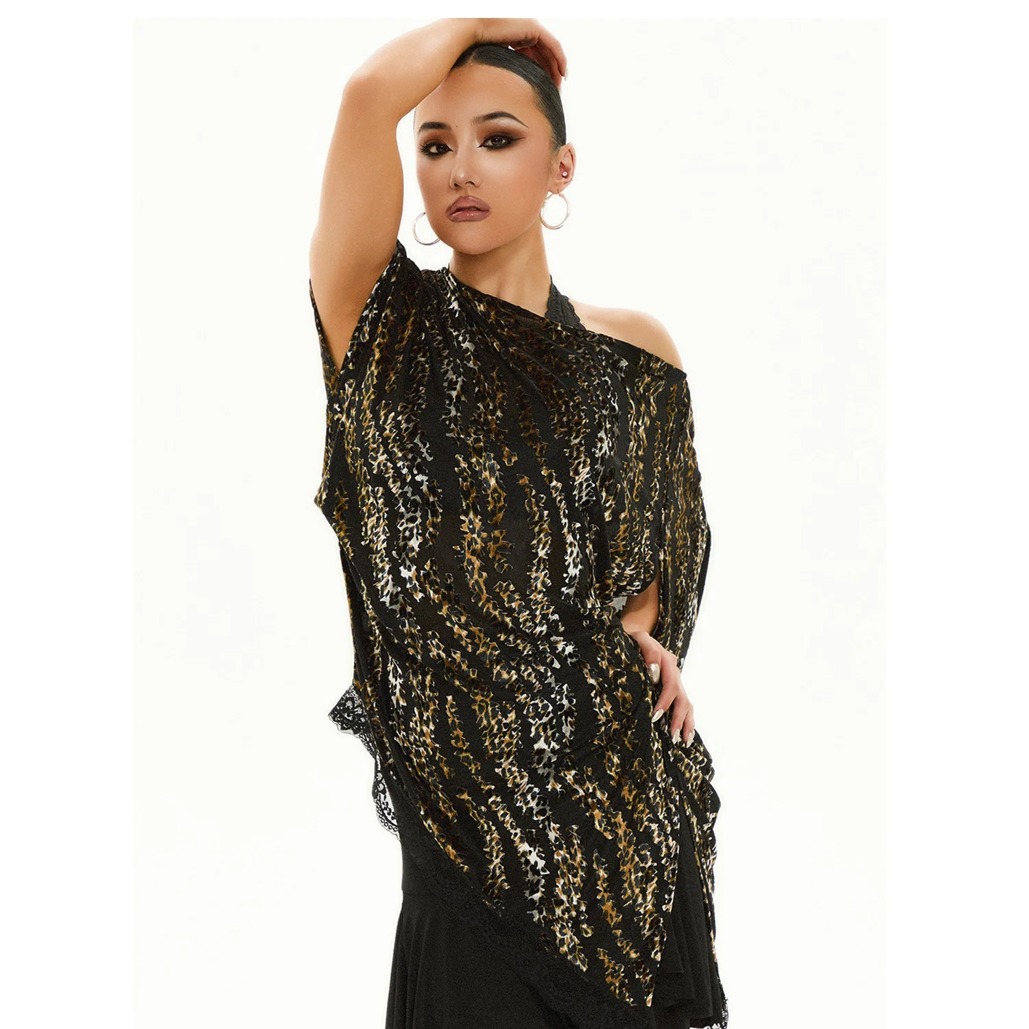 2025 épaule inclinée lâche Latin haut de danse femmes dentelle irrégulière Laeopard noir hauts Rumba Samba danse factice vêtements DNV23308