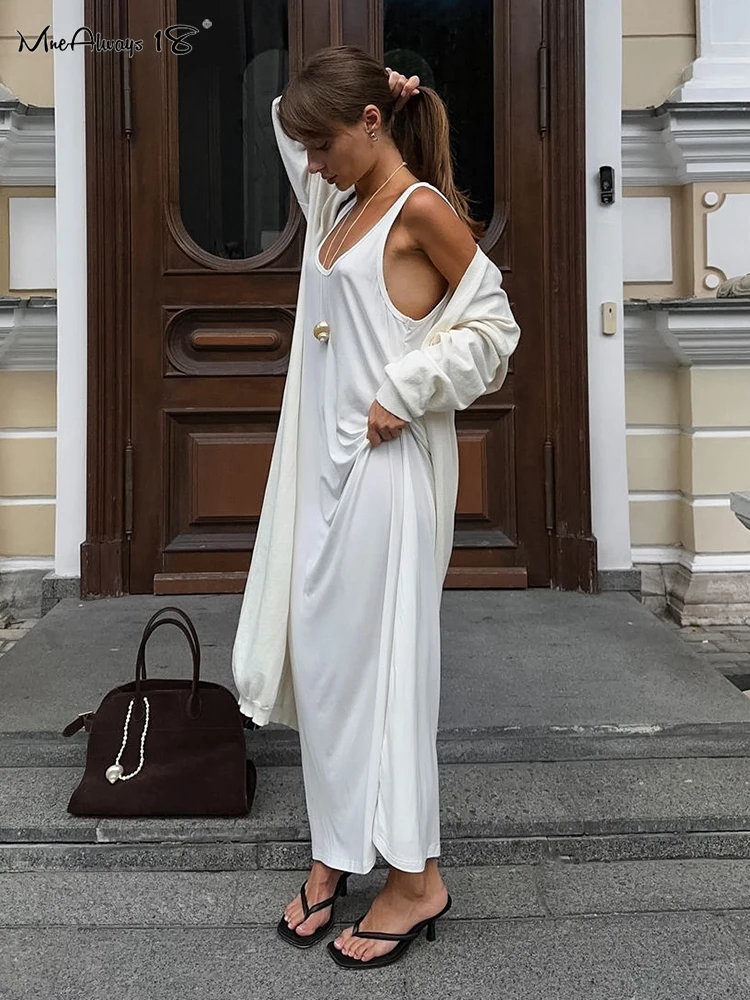 Mnealways18 White Knitwear Loose Tank Dresses Inner Sleeveless Ankle-Length Dress Women Casual Soft U-Neck Loose Midi Dress 2024