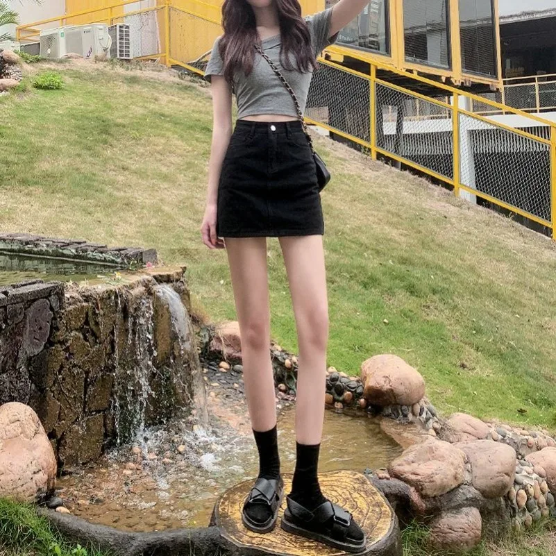 

New Womens Summer Vintage Denim Skirts Korean Fashion High-Waisted Slim Mini Blue Skirt Woman Elegant All-Match A- Line MOKIJINS