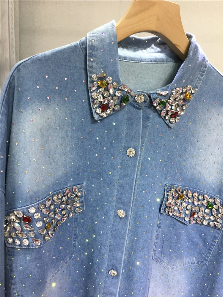 Europäische Waren schwere Stickerei heißer Bohr mantel Damen Denim blau locker sitzendes mittellanges Hemd Herbst neue schlanke Strickjacke