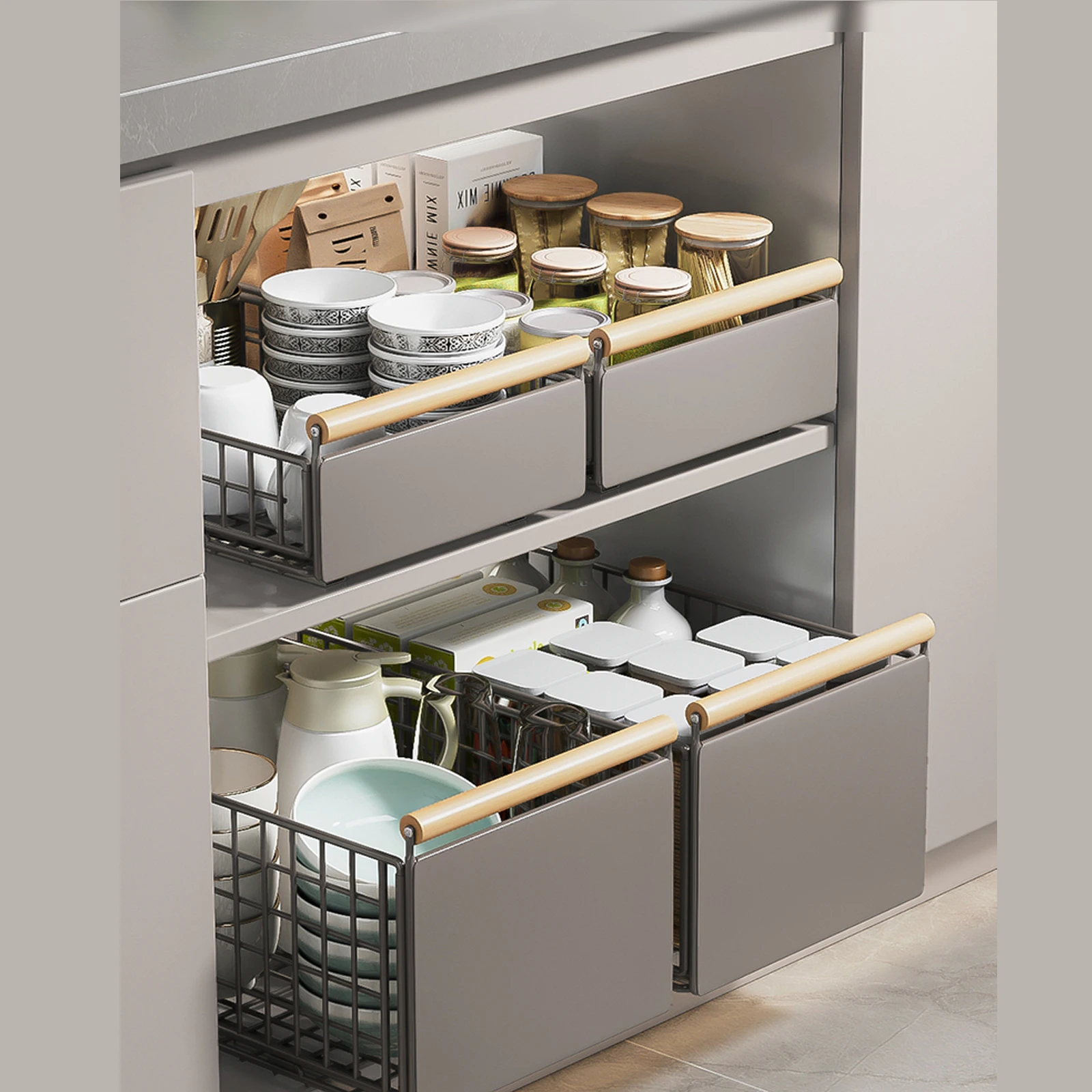 1pc Kitchen Pull-out storage rack Cabinet Sliding storage basket Foldable Easy installation Grey