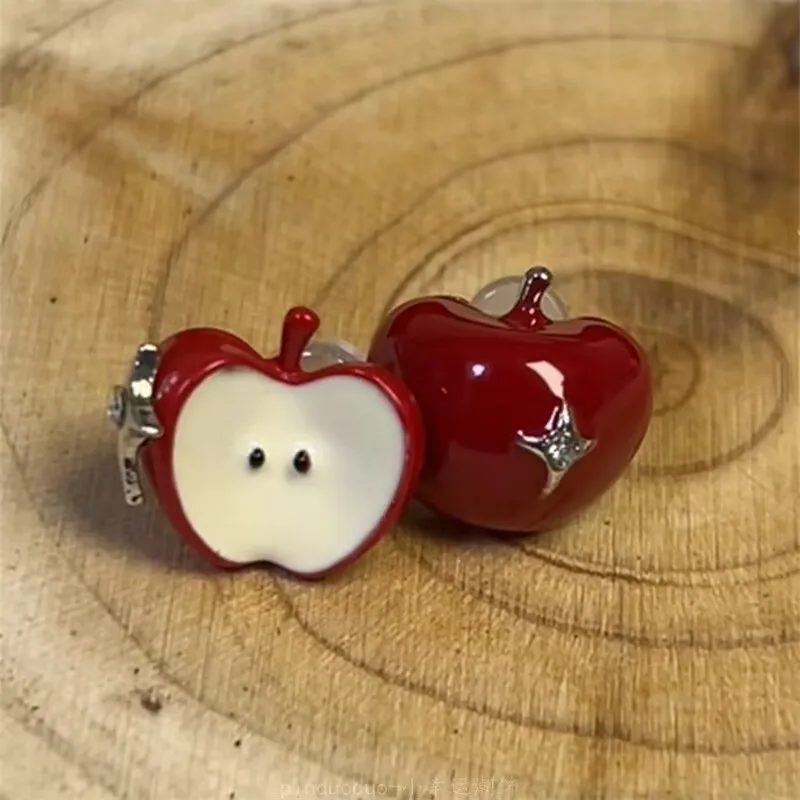 Colorful Asymmetrical Apple Stud Earrings for Women Exquisite Sweet Cute Dripping Oil Earrings Versatile Jewelry Gifts Wholesale