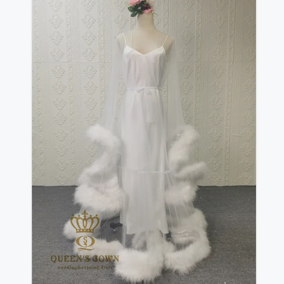 Ostrich feathers long sleeve wedding robe night gown With dress for women custom size