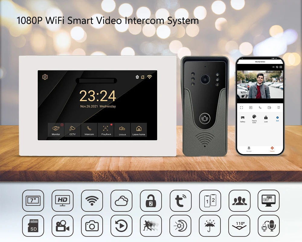 Wireless WiFi Smart Video Intercom System 1080P Full Touch Screen with Wired Door Smart Phone Talking One-Key Unlocking