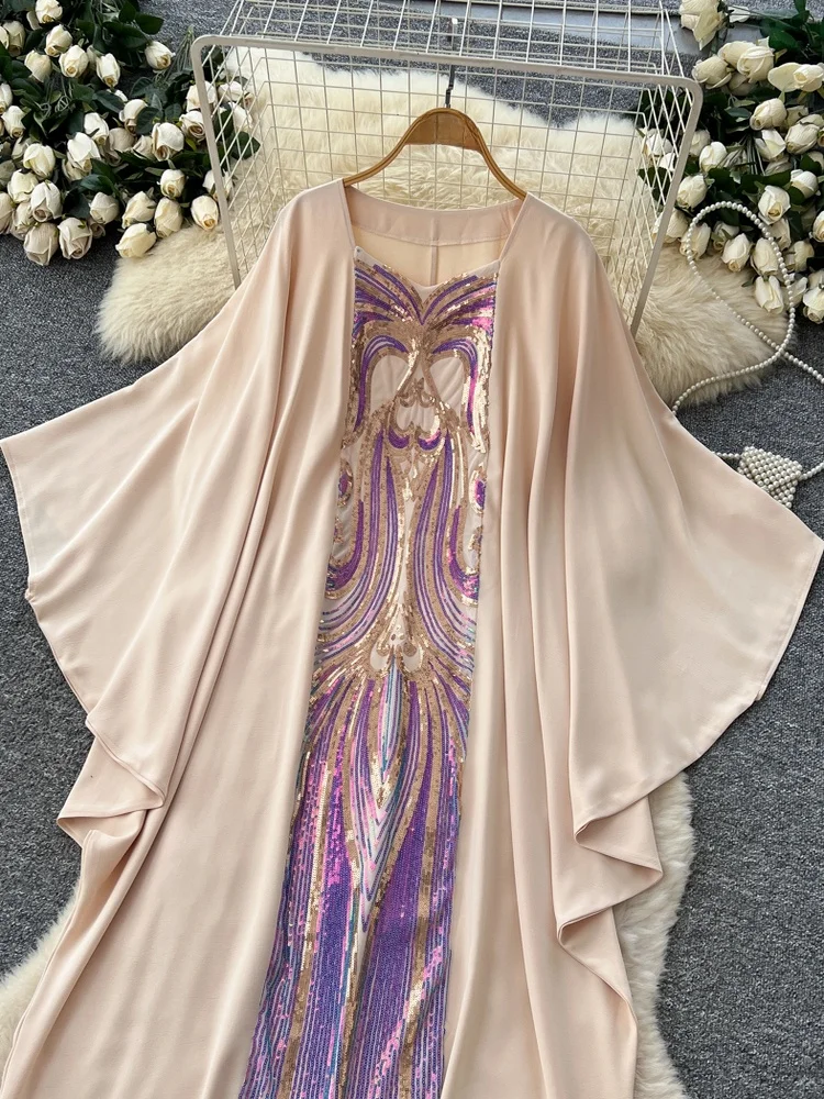 Vestido Largo Hoado con Mangas Murciélago y Parches Brillantes de Talla ande para Mujer, Estilo Industrial Pesado para Otoño