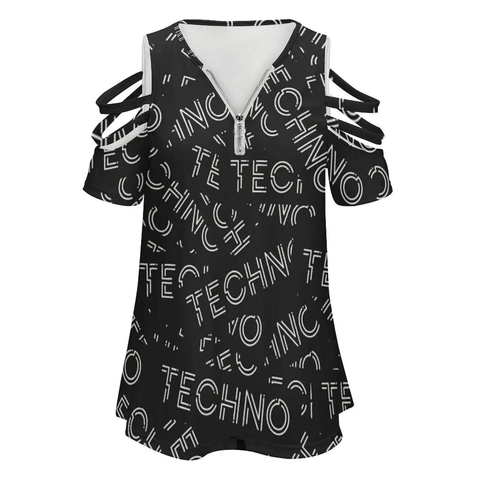 Techno Women'S T-Shirt New Fashion Printed Zipper V-Neck Short Sleeve T Shirts Casual Plus Size House Music Djs Party Rave