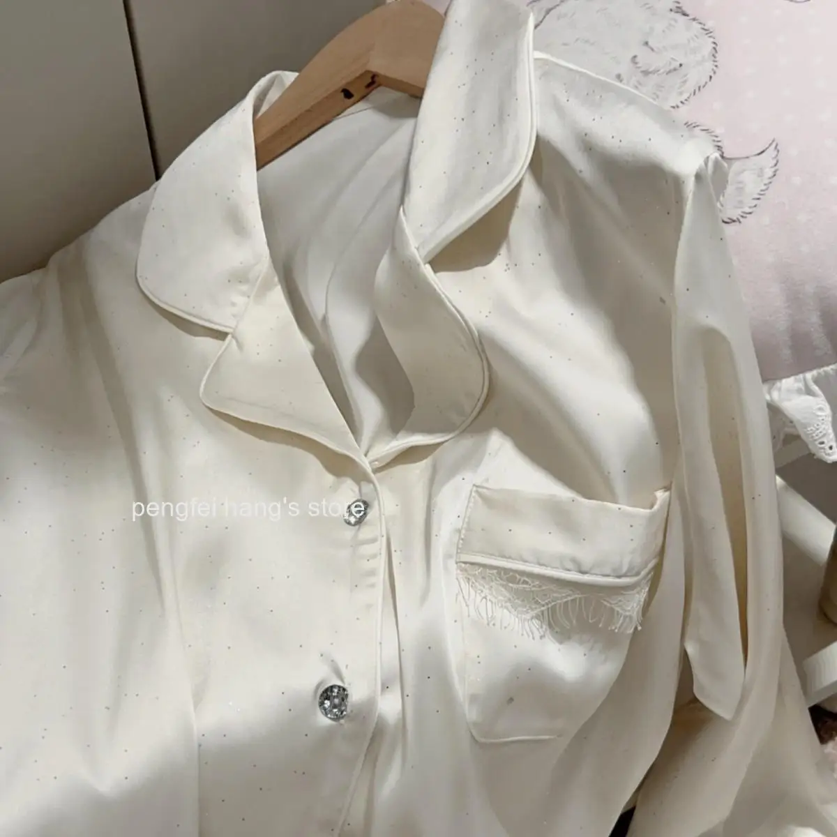 Women French Luxury Ice Silk Pajama Set Long Sleeve Long Pants Lace Hollow Sequin Thin Loungewear Ladies Sleepwear