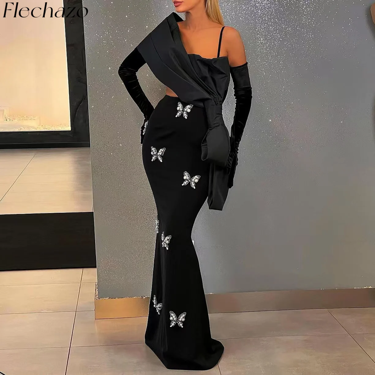 

Flechazo Balck Cocktail Dresses Gloves Spaghetti Mermaid Sexy Formal Evening Party Dress For Women 2024 فساتين quinceanera