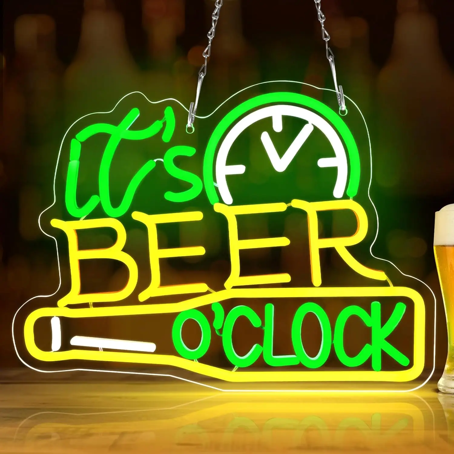It's Beer O'Clock Neon Sign LED Wall Art USB Powered Clock Glow Lamp Funny Quote Theme Decor Home Bar Pub Man Cave Party Light