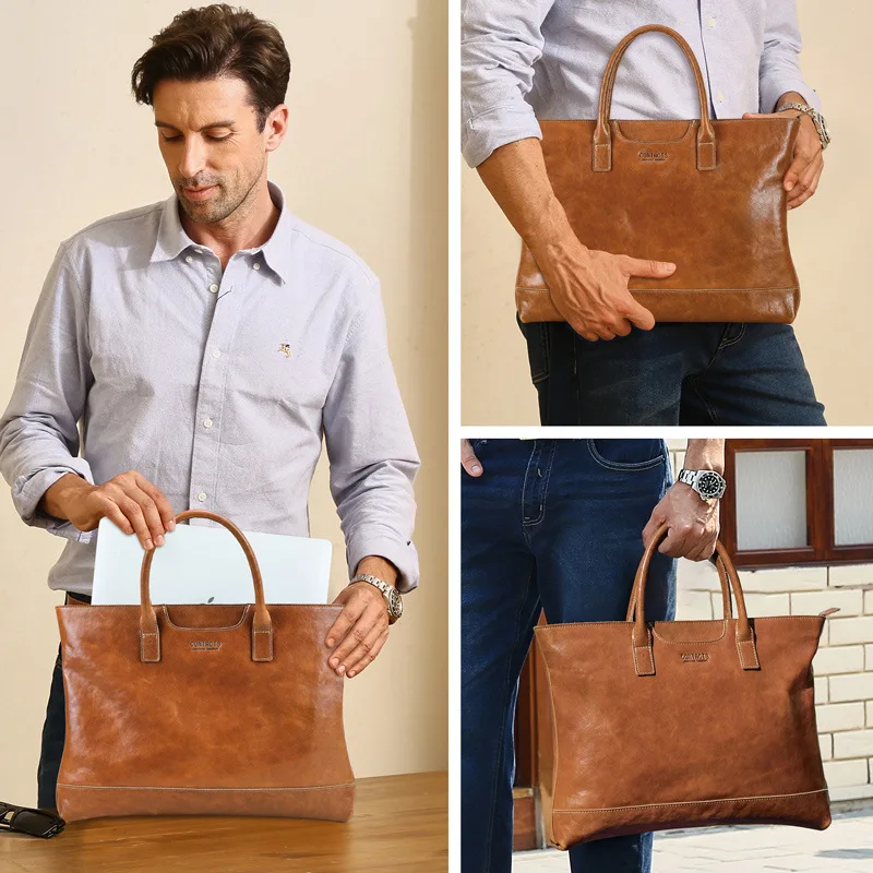 Vegetable tanned lamb leather men's briefcase suitable for 15.3 "computer multi-pocket high-grade file handbag