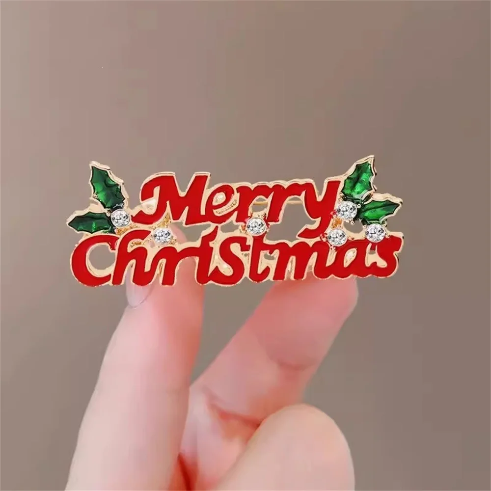 Christmas Letters Brooch For Women Leaves CZ Exquisite Red Metal Pins Clothing Accessories Festivals Party A gift