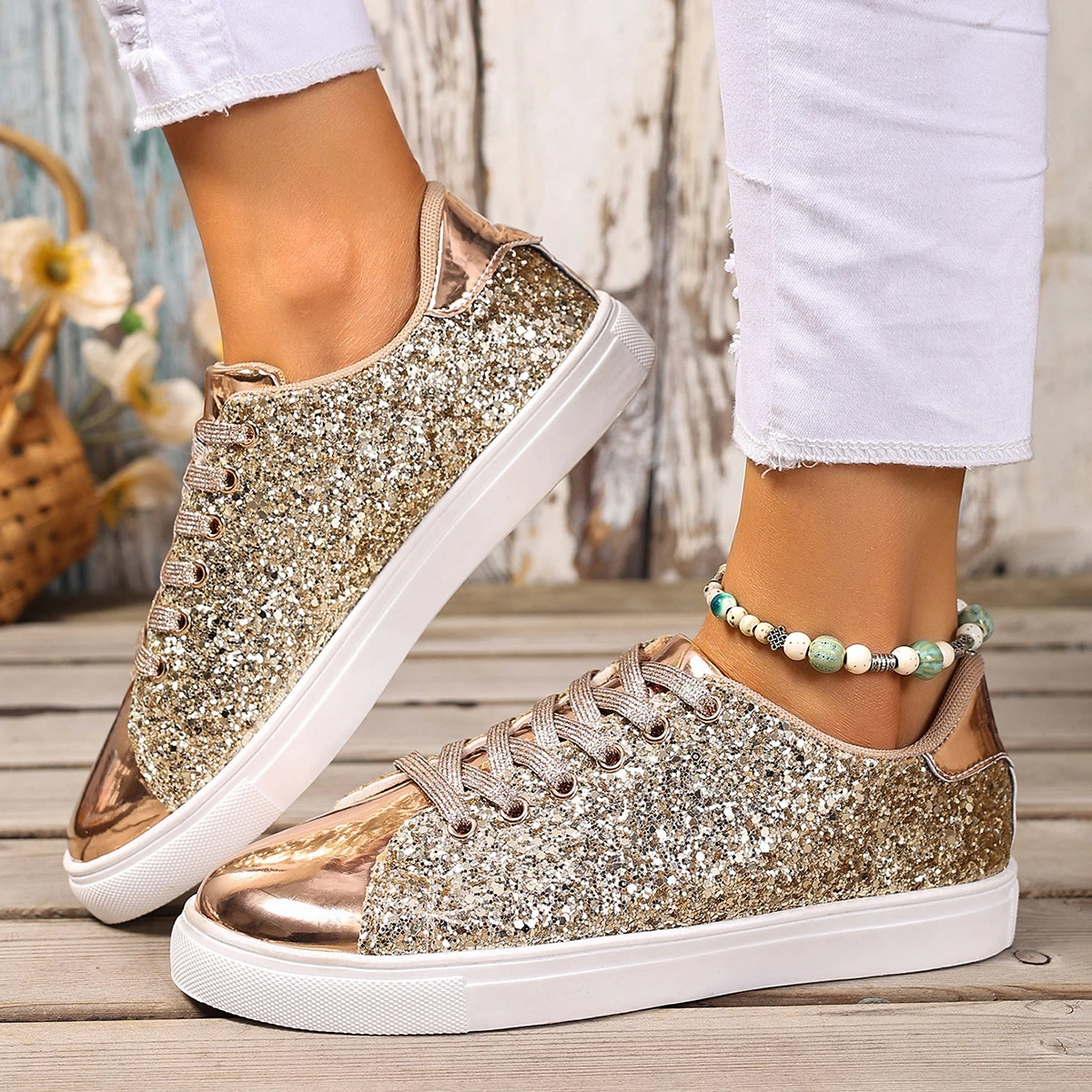 Mulheres tênis bling sapatos dourados casuais femininos respirável tênis rendas até esporte ao ar livre sapatos vulcanizados zapatos de mujer