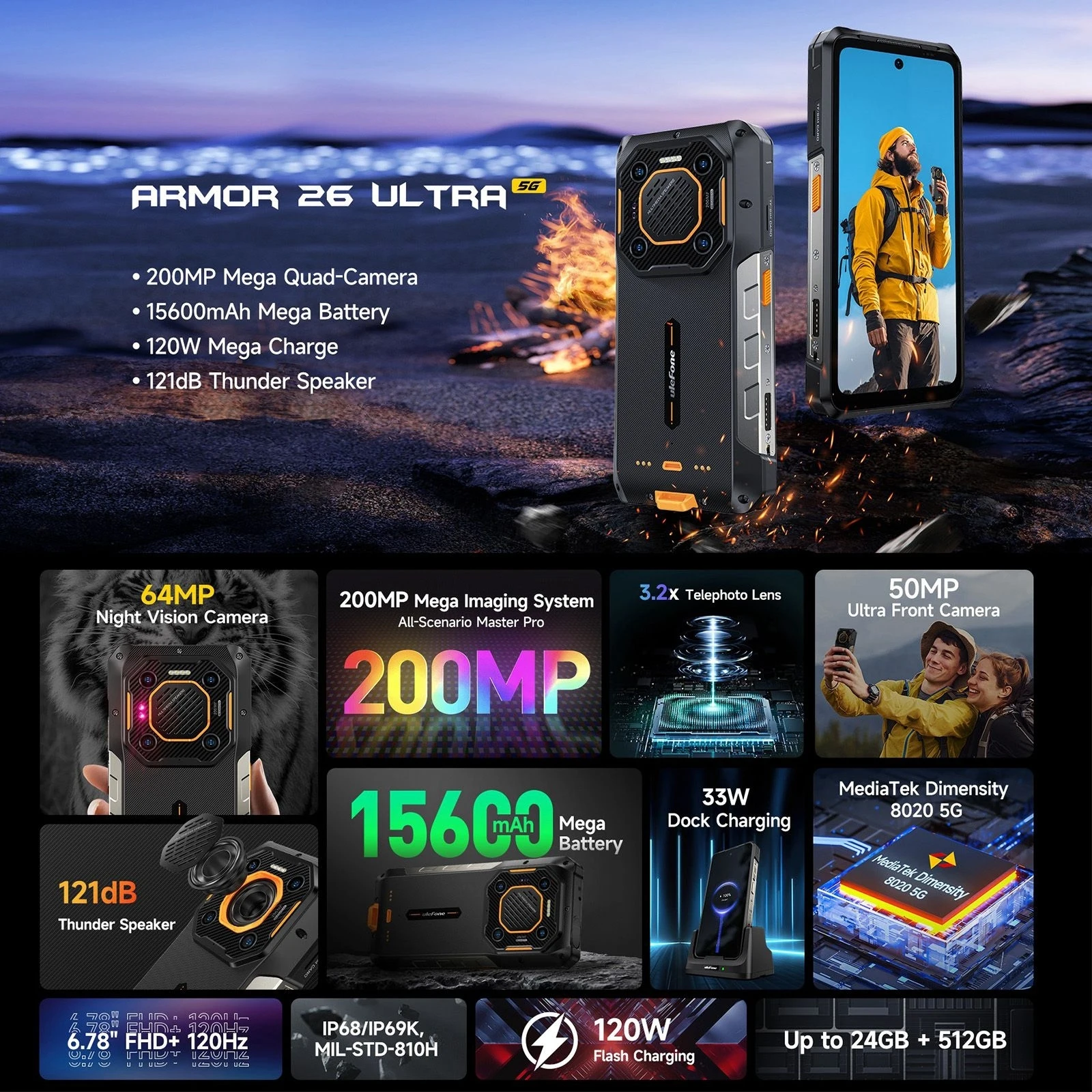 Ulefone-Smartphone Armor 26 Ultra Robuste, 12 Go + 512 Go, 6.78 ", Android 13, MediaTek, Dimrespond8020, 15600mAh, Appareil Photo 200MP, 5G, NDavid