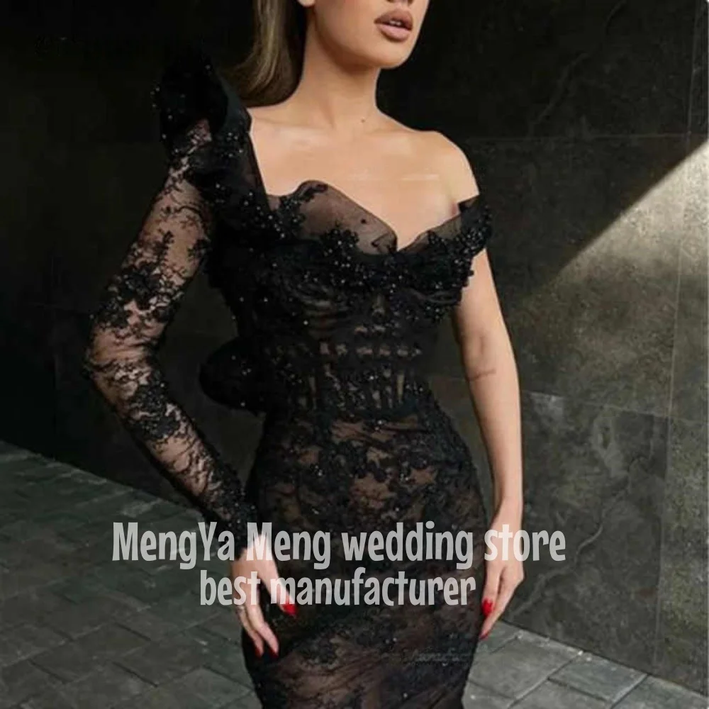 Elegant Long Black Mermaid Prom Dress One Sleeve Sweetheart Lace Evening Gowns Graduation Dresses Vestido De Noche Customized