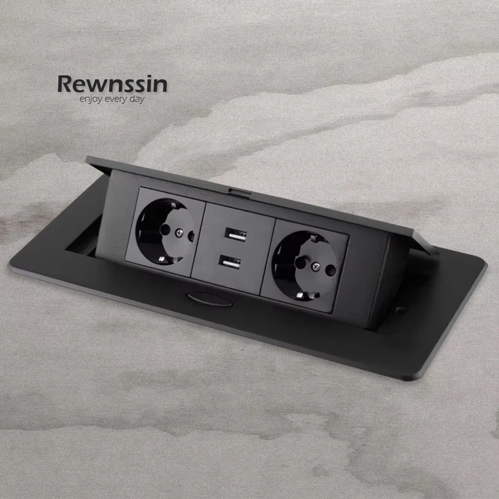 Universal EU, pop-up desktop socket, three way plug, with Double type-C and USB interfaces, metal panel, four color schemes