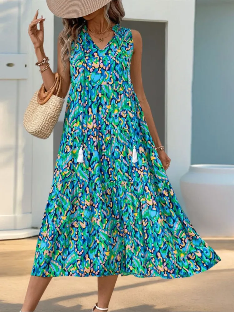 Boho Print Dress Lady Fashion Lace Up Sleeveless V-Neck Pullover Dresses Beach Holiday Dress For Women Summer Women Clothes New