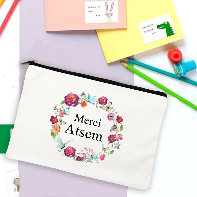 Best Atsem Gifts Merci Atsem French Print Pencil Case School Stationery Supplies Storage Bags Travel Toiletries Pouch Makeup Bag