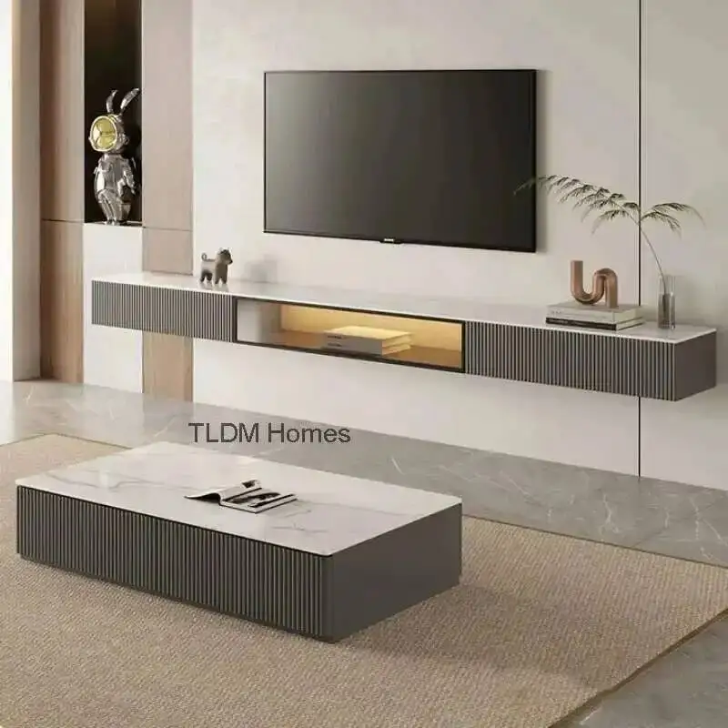 

Light Nordic Solid Wood Suspended LED Smart TV Cabinets Living Room Furniture Modern Hanging Slate Luxury Wall TV Stands