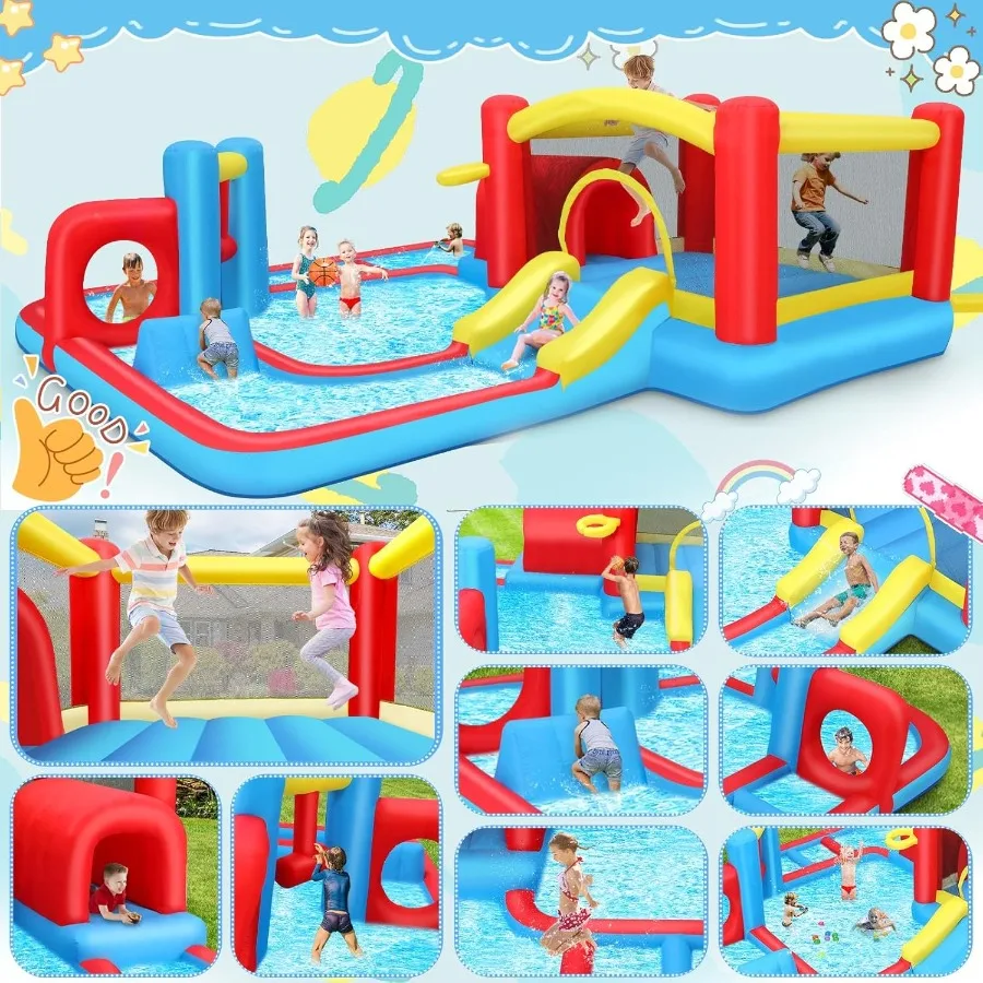 대형 물 미끄럼틀, 뒷마당용 풍선 놀이터, 대형 수영장 장애물 코스가 있는 실내외 물놀이공원