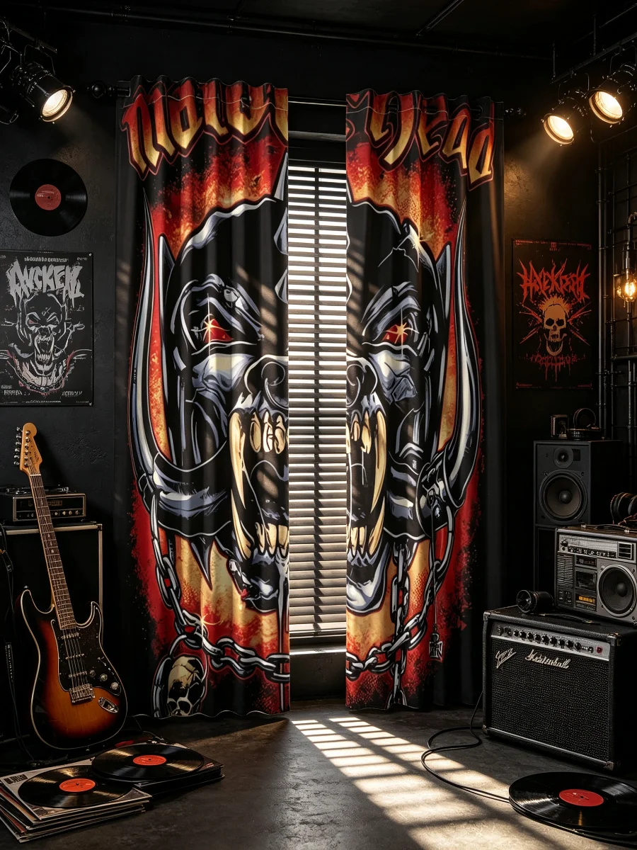 2PCS Rock Digital Print Curtains, Skulls Biker Chain Heavy Metal, Hard Rock Punk Style, Bedroom Living Room Home Decor