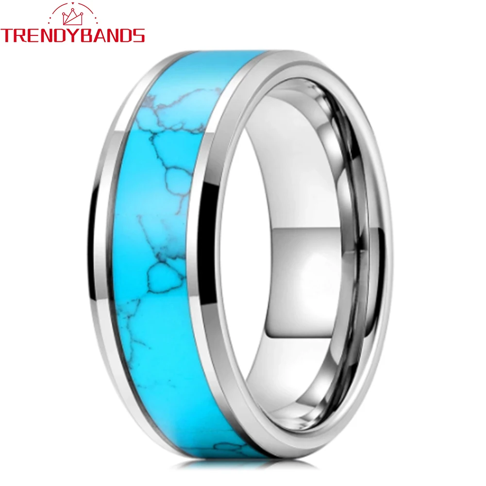 

8mm Customized Jewelry Ring Women Men Tungsten Engagement Wedding Band Abalone Shell Inlay Beveled Edges Polished Shiny