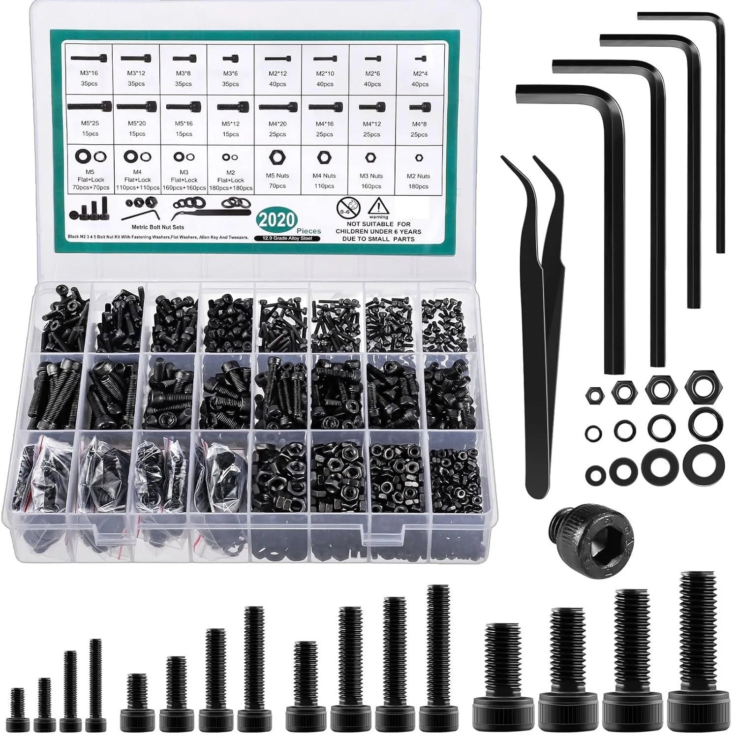 2024Pcs Metric Screw Assortment Bolt and Nut Assortment M2 M3 M4 M5 12.9 Alloy Steel Black