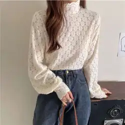Women Spring Streetwear Knitted Sweater Hollow Lace Elegant Knitwear With Frayed Raw Hem Long Sleeve Ladies Solid Knitting Tops