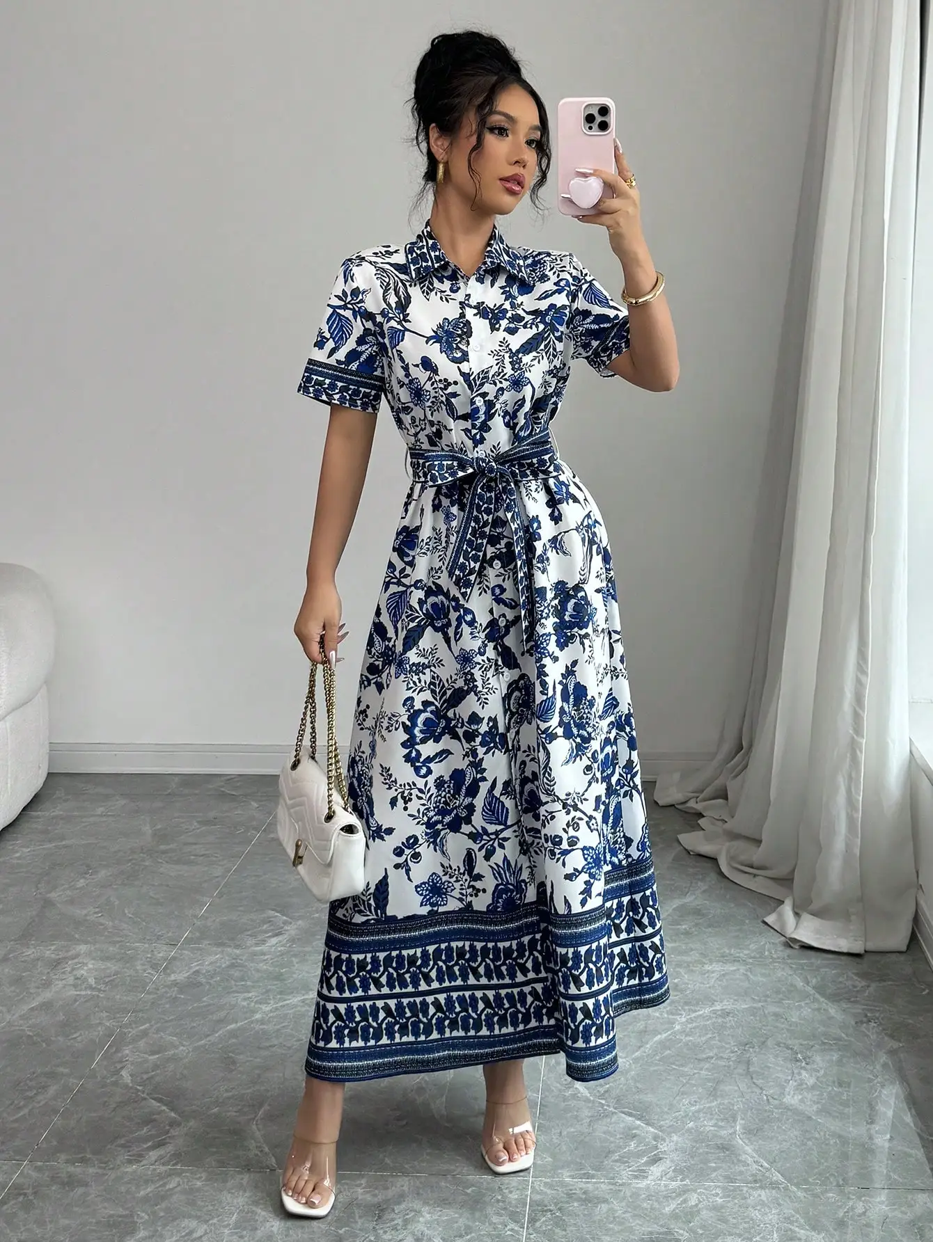 

Повседневное платье для отпуска с цветочным принтом, воротником и пуговицами, расклешенное, с завязками на талии