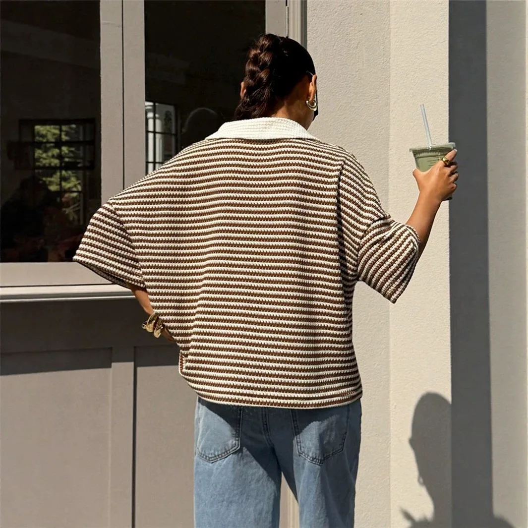 Women Striped Polo Knit Top Fashion Half Placket Short Sleeve Loose Textured Knitted Pullover Casual Basic Loose Versatile Top 4