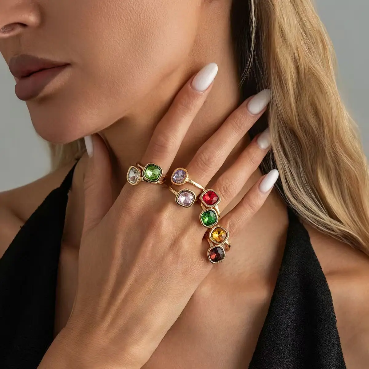 

8Pcs Retro Square Colorful Crystal Acrylic Rings Heavy Design Open Stacking Ring Set Trendy Daily Jewelry