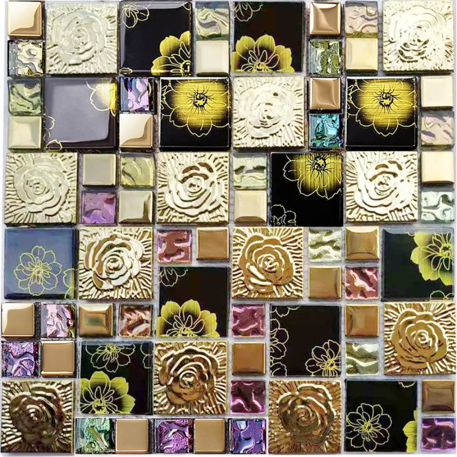 Crystal Glass Metal Stainless Modern Flower Art Crystal Mosaic Tiles DIY Kitchen Backsplash Bathroom Wall Decor Mosaic Panels