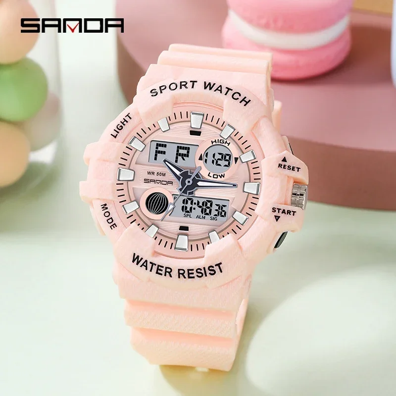 SANDA Outdoor Sports Chronograph Watch 2023 New Women Dual Display Watch Luminous HD LED Womens Watches 50M Waterproof 3038