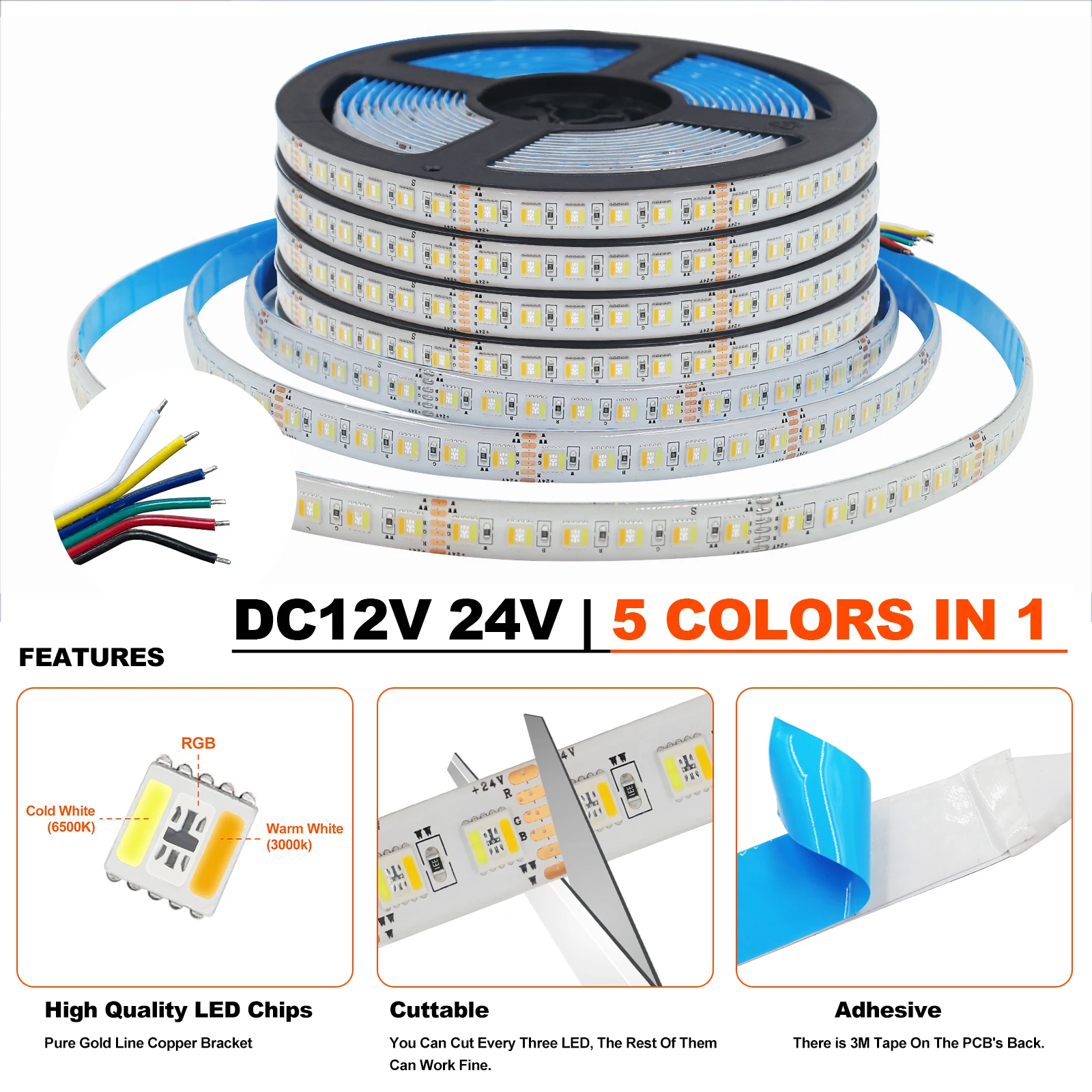 RGB CCT 5 Colors In 1 Chip LED Strip 12V/24V 5050 60/96 LEDs/M Flexible Ribbon Tape Light Dimmable Color Changing For Home Decor