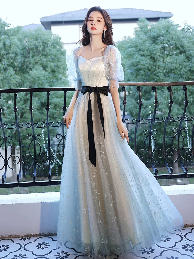 Baby Blue Tulle Evening Dresses Women Printing Bow Bandage Short Sleeves Quinceanera Dress Exquisite Elegant Sweet Vocal Gown