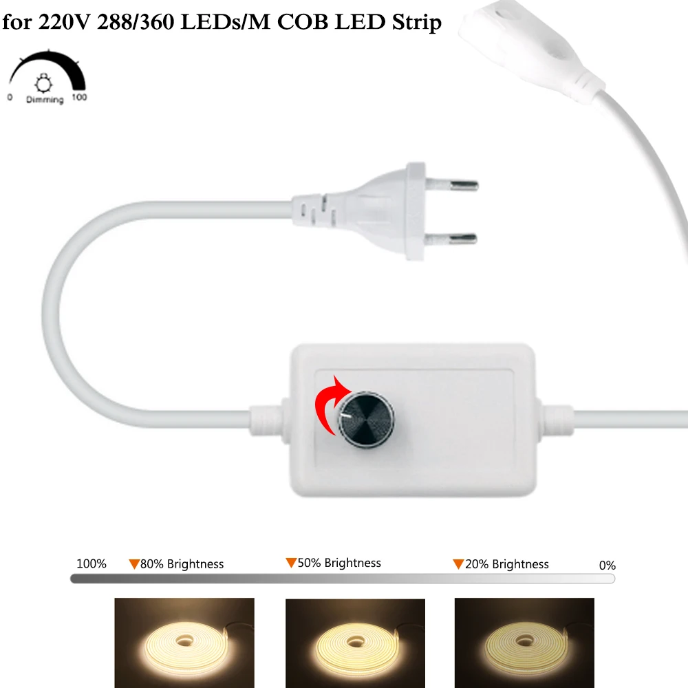 AC 220V COB Light Dimmable EU Plug Power Supply Adapter with Dimmer Switch For 288/360Leds/M 220V COB LED Strip Controller