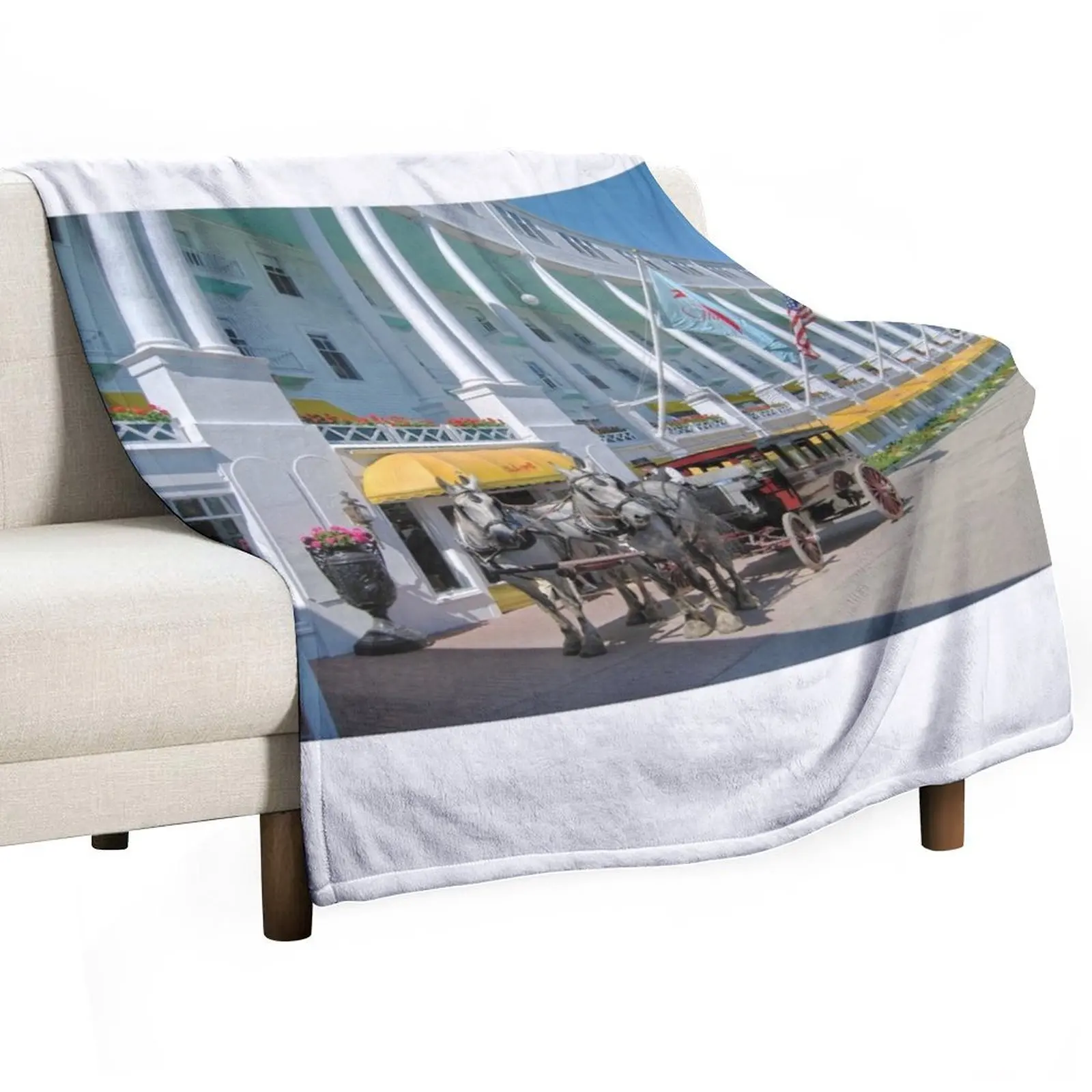 Carriage at the Grand Hotel, Mackinac Island, Michigan Throw Blanket Flannel Beautifuls Warm Blankets