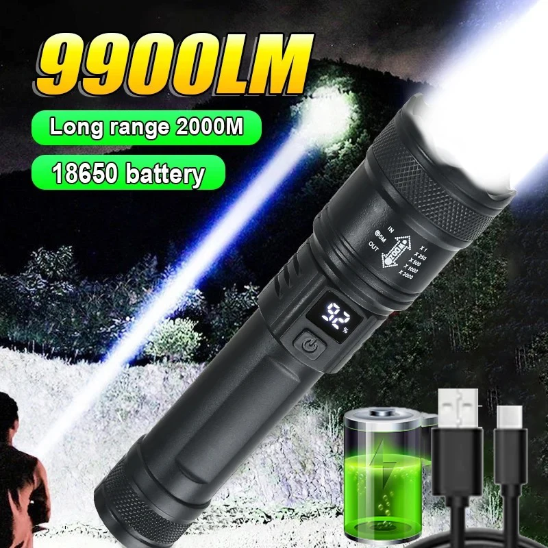 Pop High Strong Power Led Flashlights 2000LM Tactical Torch With Display Light USB Charging Camping Fishing Emergency Zoom Lante