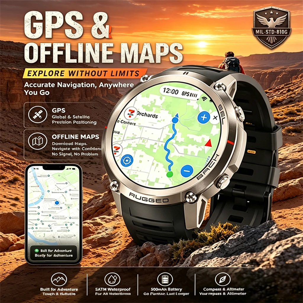 LIGE Military Satellite Offline Map GPS Compass Smart Watch Men 1.43