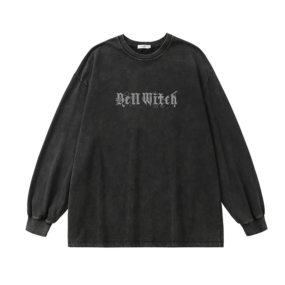 Ghost Print Vintage Washed Unisex Long Sleeve Oversized Grunge Y2k T Shirts Men Goth Tees Hip Hop Streetwear Harajuku Cotton Top